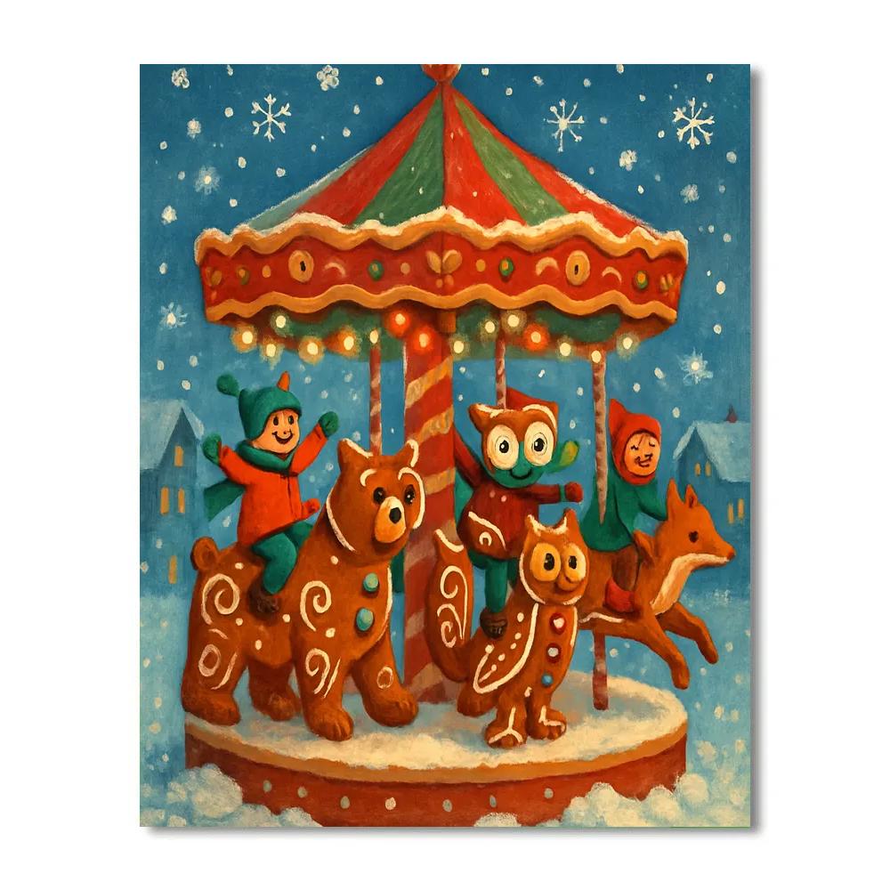 Frosty Carousel Of Gingerbread Animals Number painting