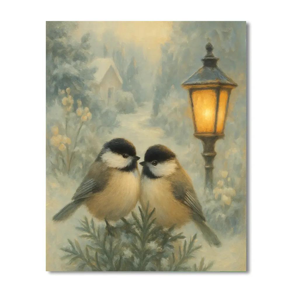 Lantern Light Chickadees In The Winter Garden painting number kit
