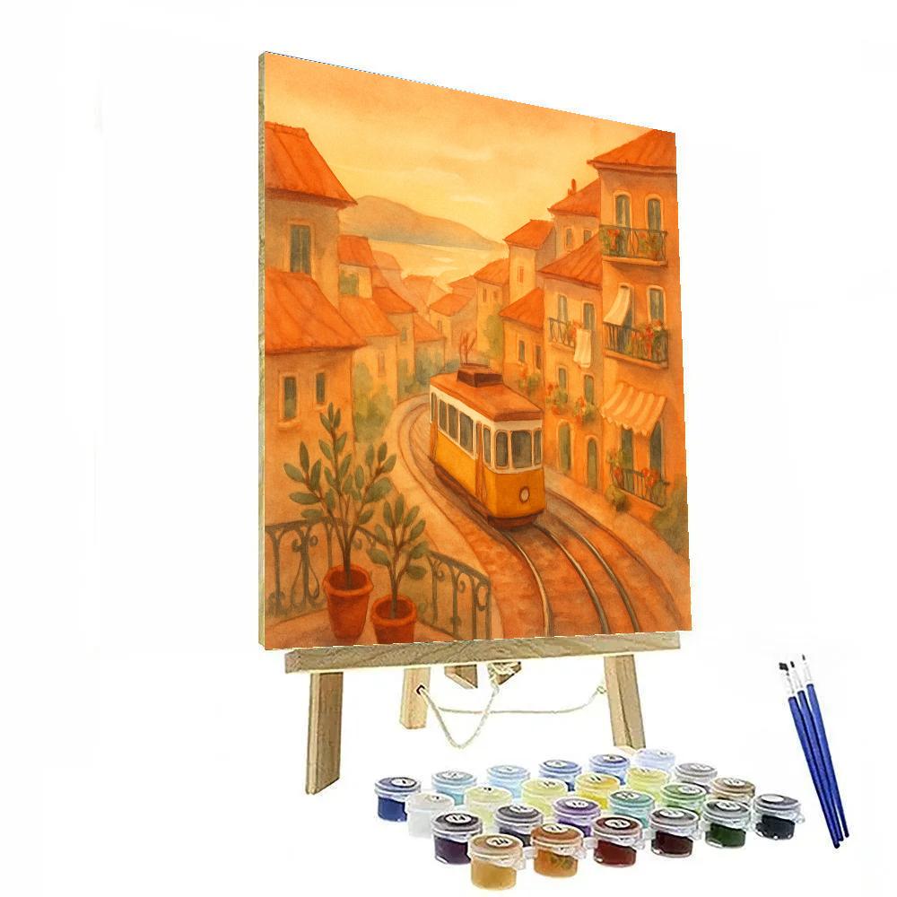Sunlit Tramway Through Apricot Rooftops paint by color