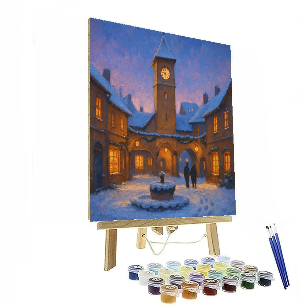 Snowy Clocktower Courtyard At Blue Hour DIY paint by numbers