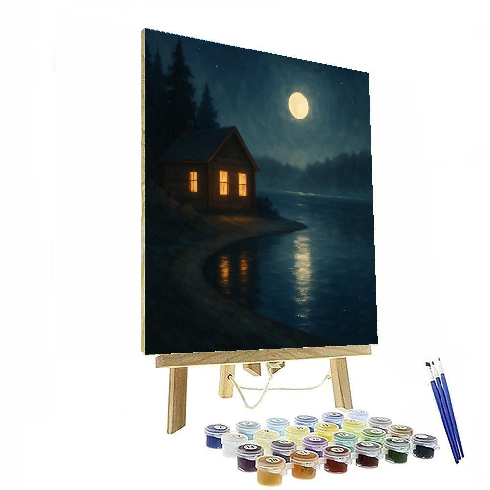 Moonlit Cabin Windows On Stillwater Bend painting number kit