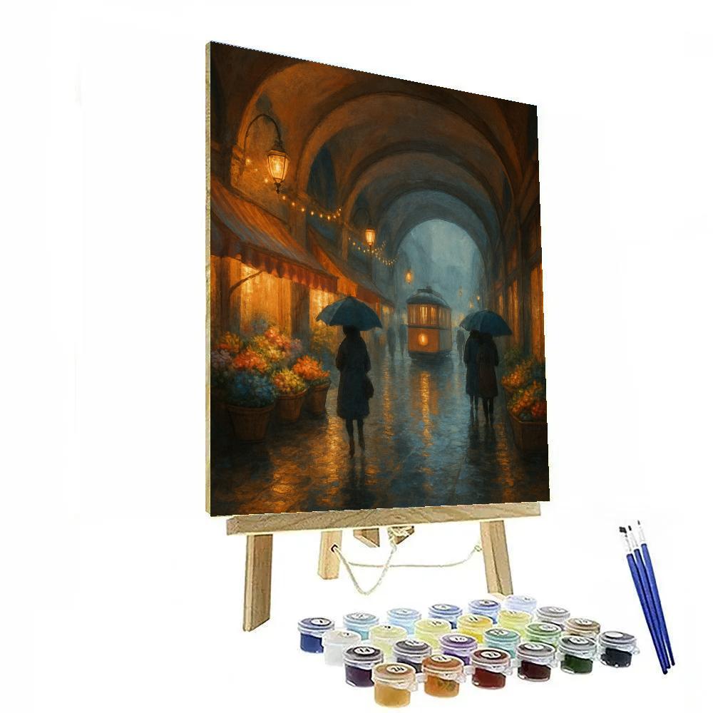 Rainy Market Arcade With Warm Window Glow Paint by numbers art