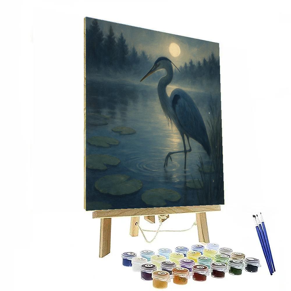Heron In The Lily Pond Of Quiet Moonrise paint by color