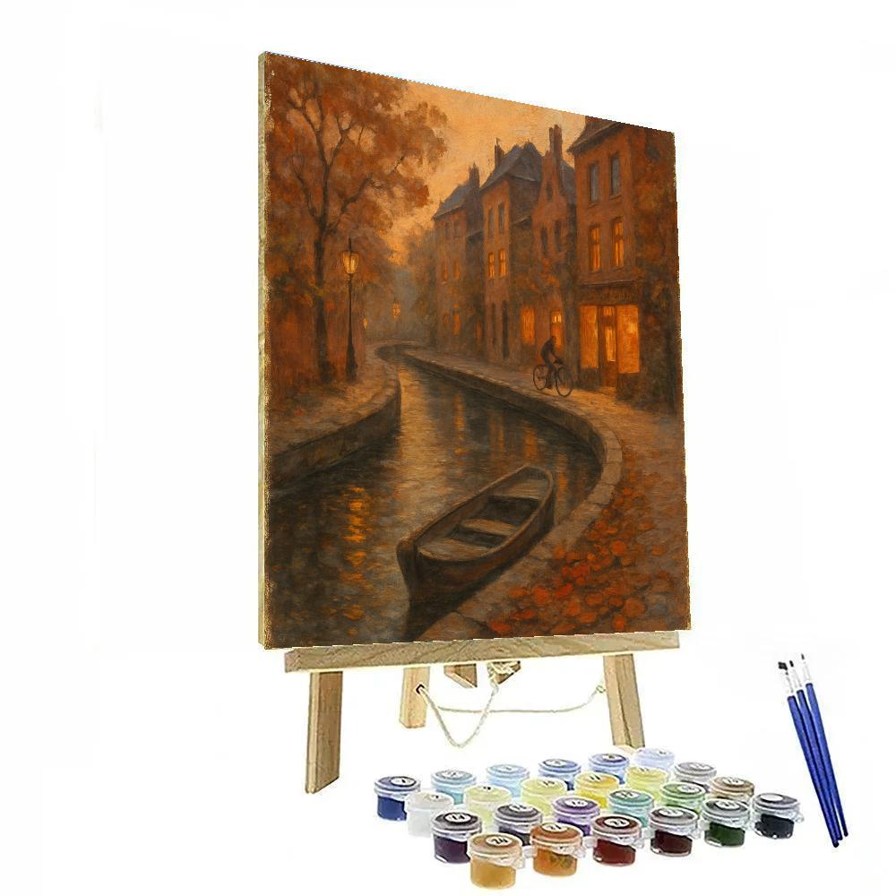 Autumn Canal Bend With Cozy Bookshop Lights Paint by numbers art