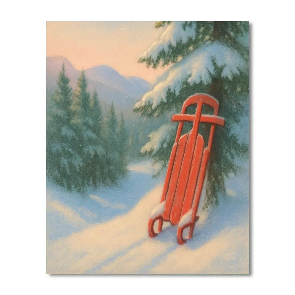 Red Sled Resting By The Pine Hollow Numbered painting kits