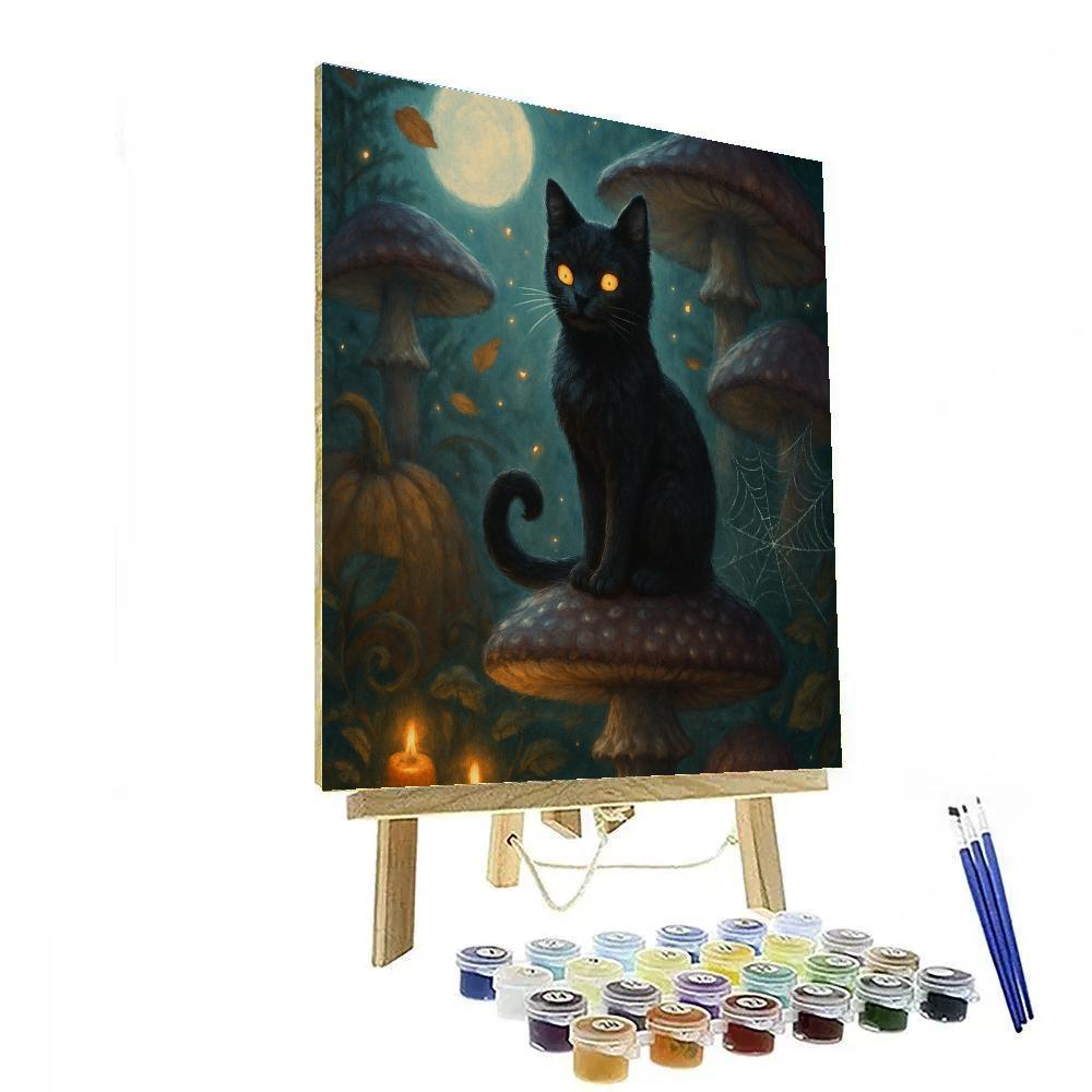 Black Cat In The Moonlit Mushroom Garden Number painting
