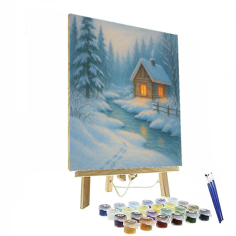 Snowy Pines And A Lantern Lit Cabin Paint by numbers art