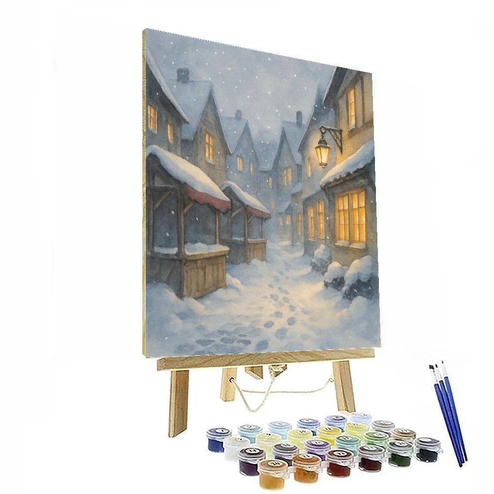 Winter Market Street Under Soft Snowfall Painting by numbers kit