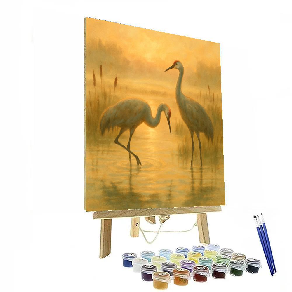 Cranes In The Amber Marsh At First Light Number painting
