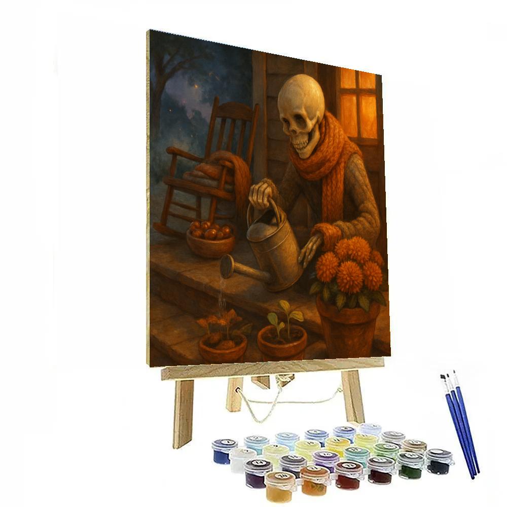Autumn Porch With Friendly Skeleton Gardener Paint by numbers art