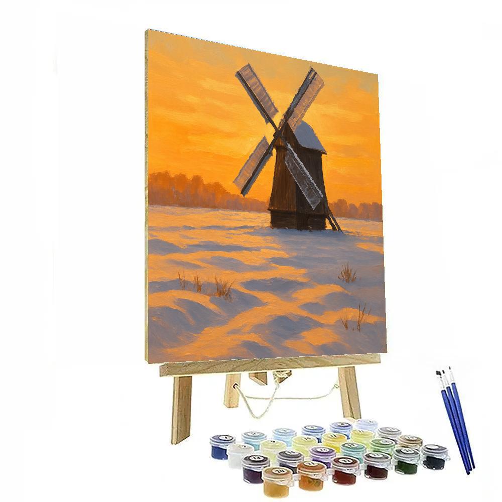Amber Sunset Over The Snowy Windmill Field Number painting