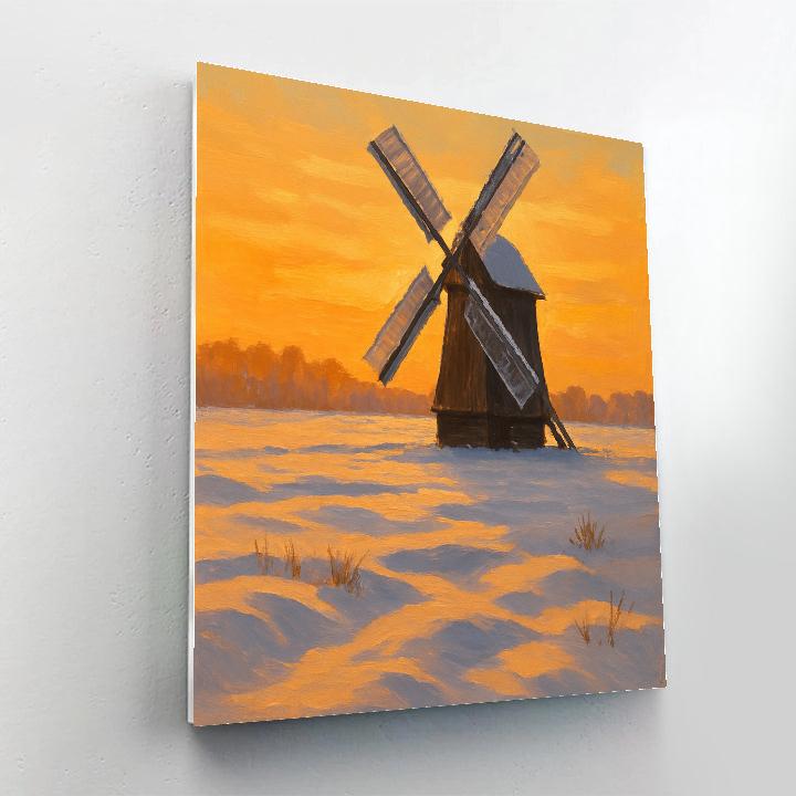 Amber Sunset Over The Snowy Windmill Field Number painting