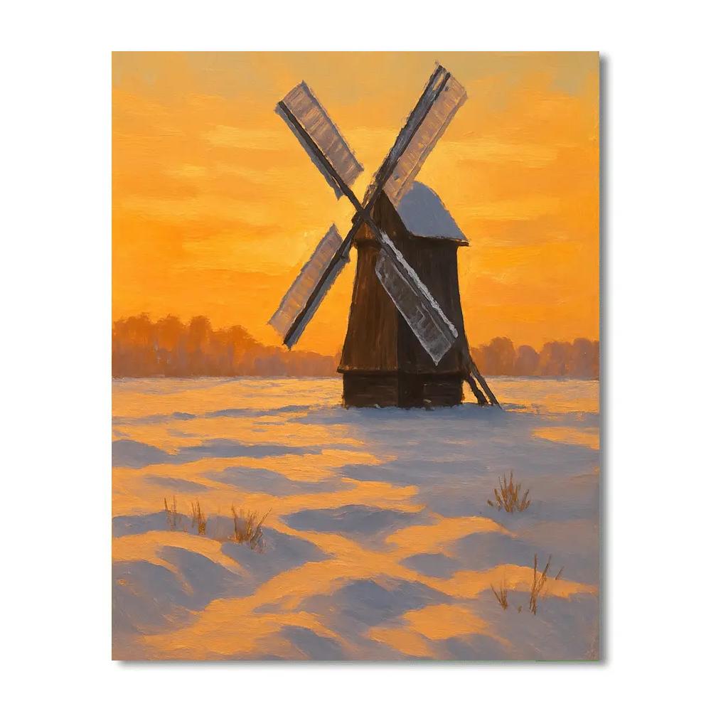 Amber Sunset Over The Snowy Windmill Field Number painting
