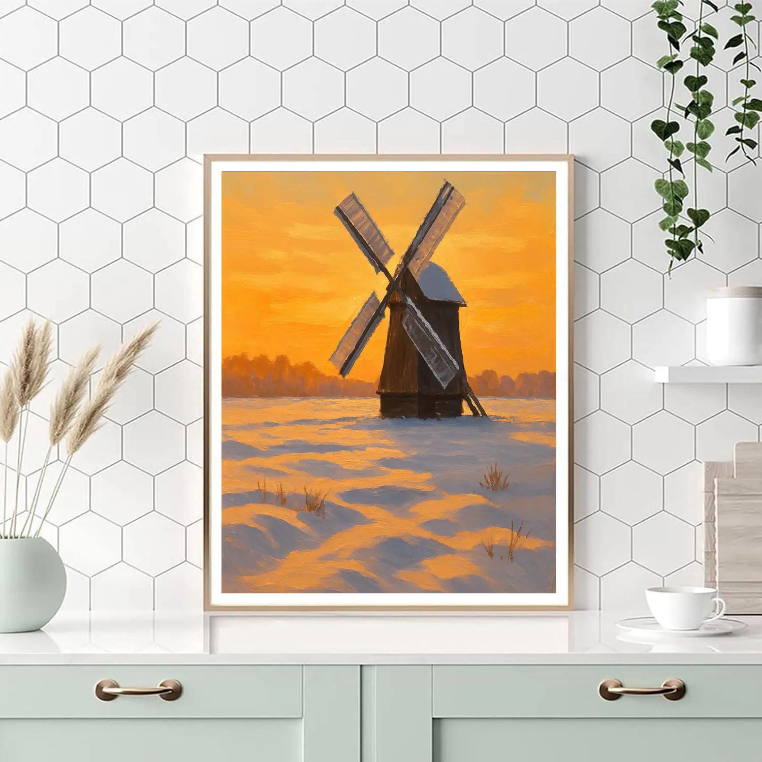 Amber Sunset Over The Snowy Windmill Field Number painting