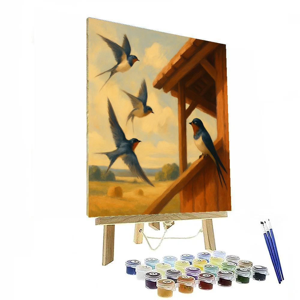 Swallows Circling The Sunlit Barn Eaves paint by number