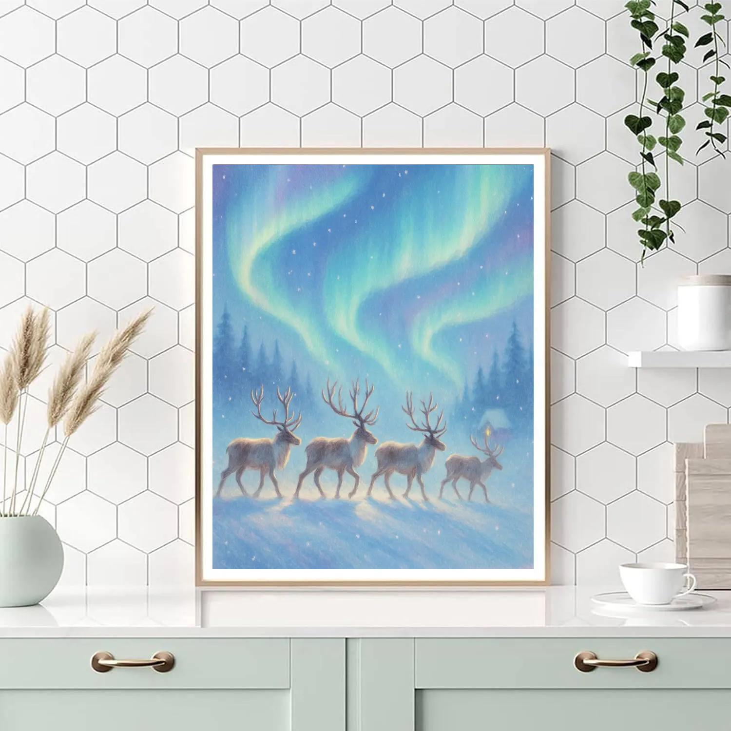 Northern Lights Reindeer Crossing Number painting