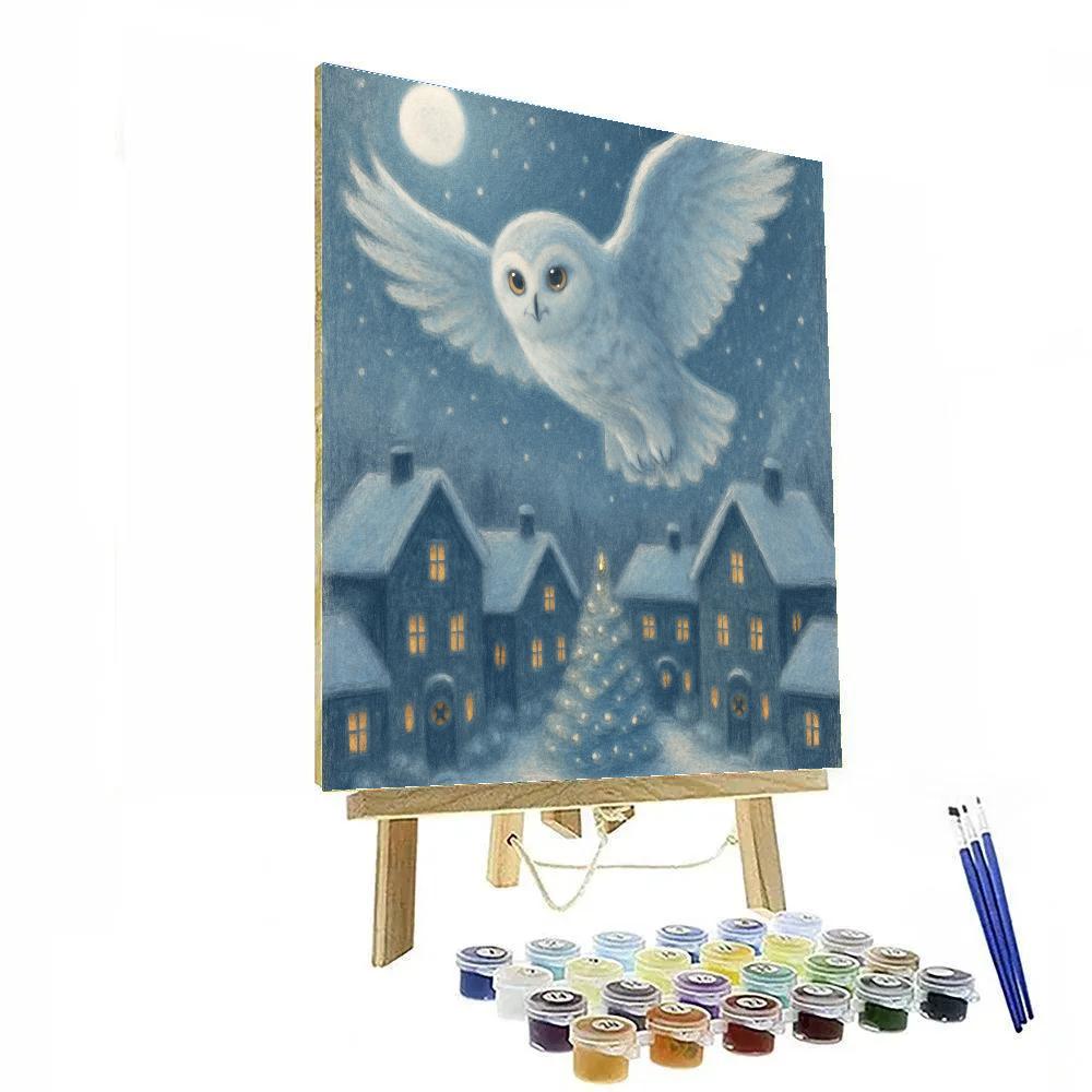 Snowy Owl Over Midnight Village DIY paint by numbers