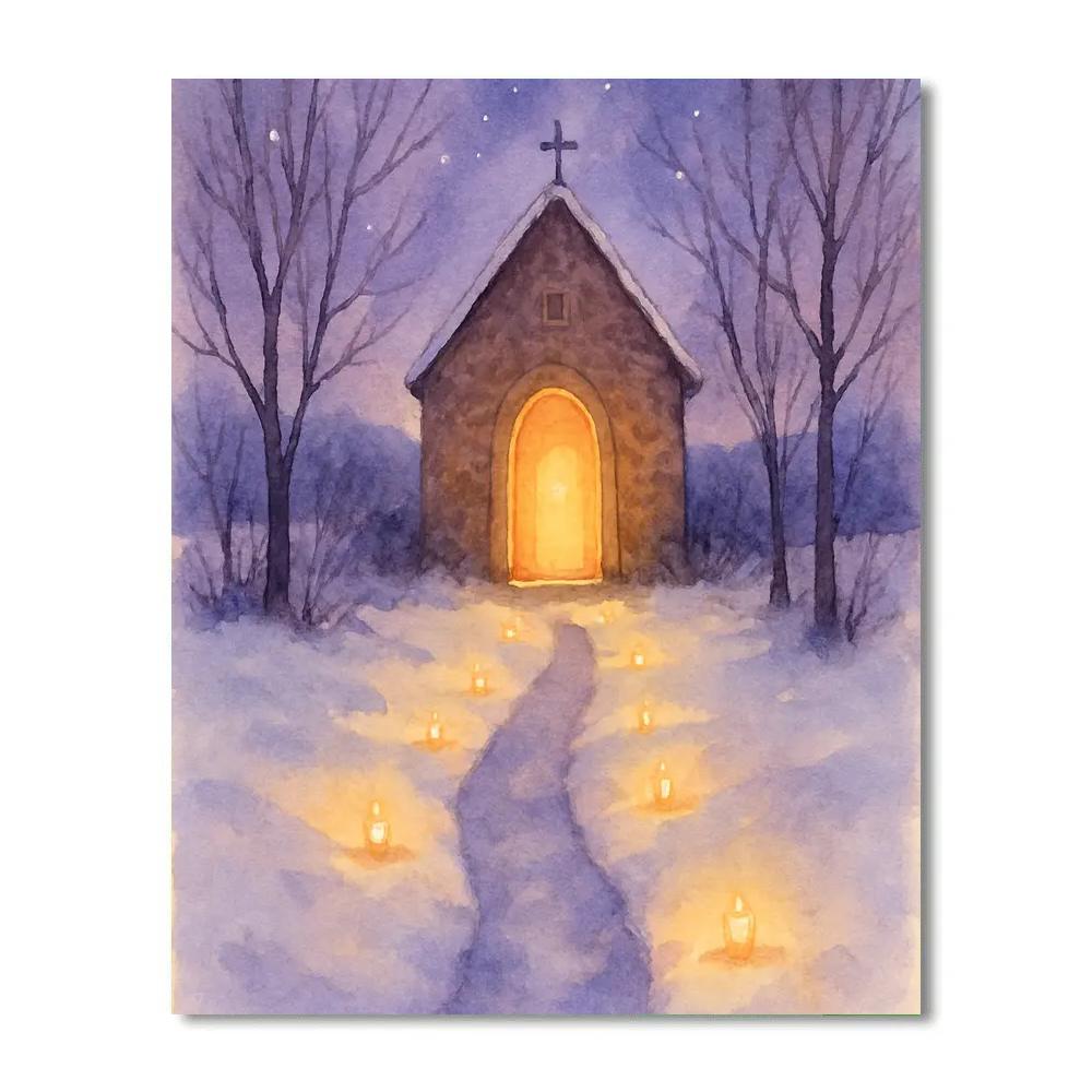 Candlelit Snow Path To The Chapel paint by number