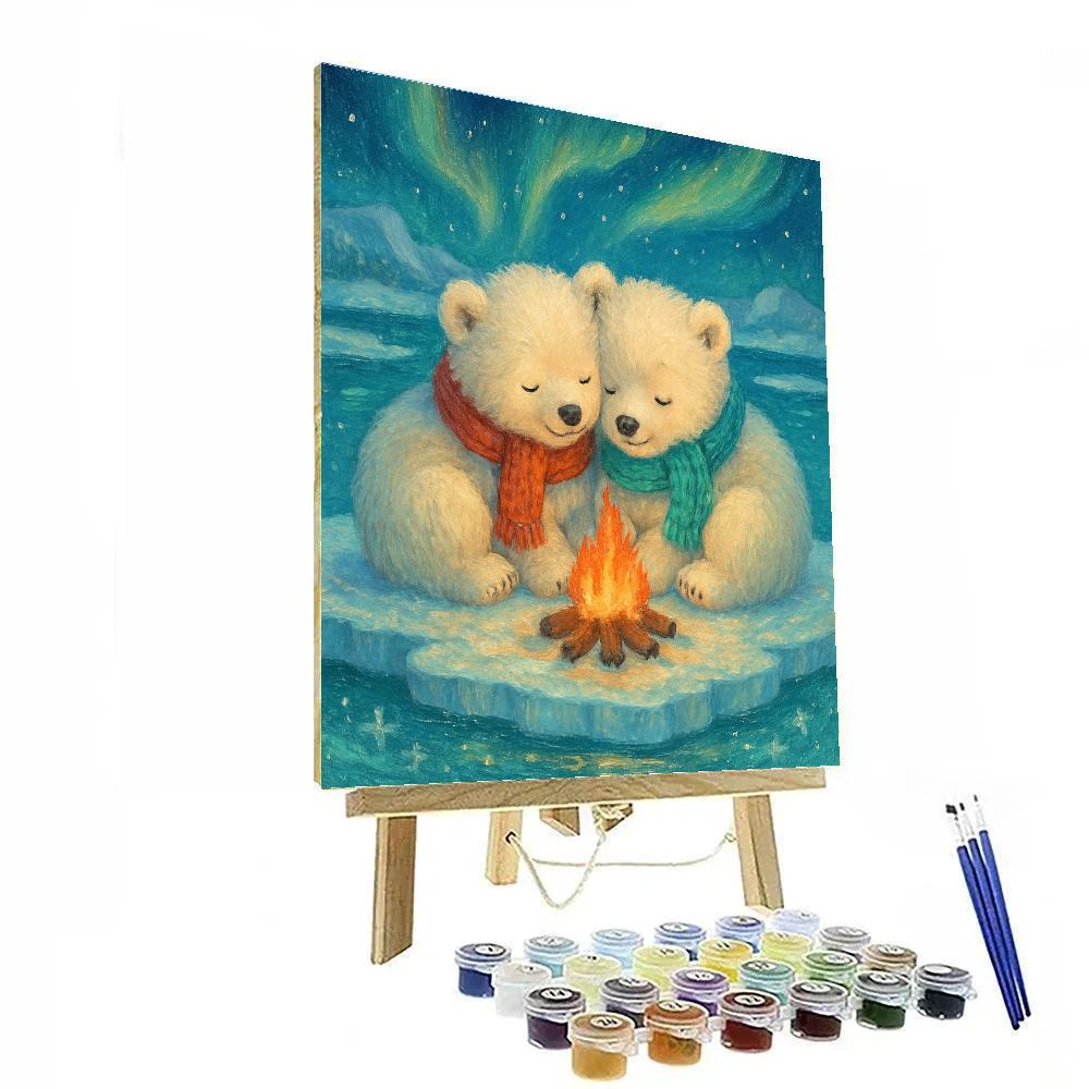 Polar Bear Cubs At The Holiday Campfire Painting by numbers kit