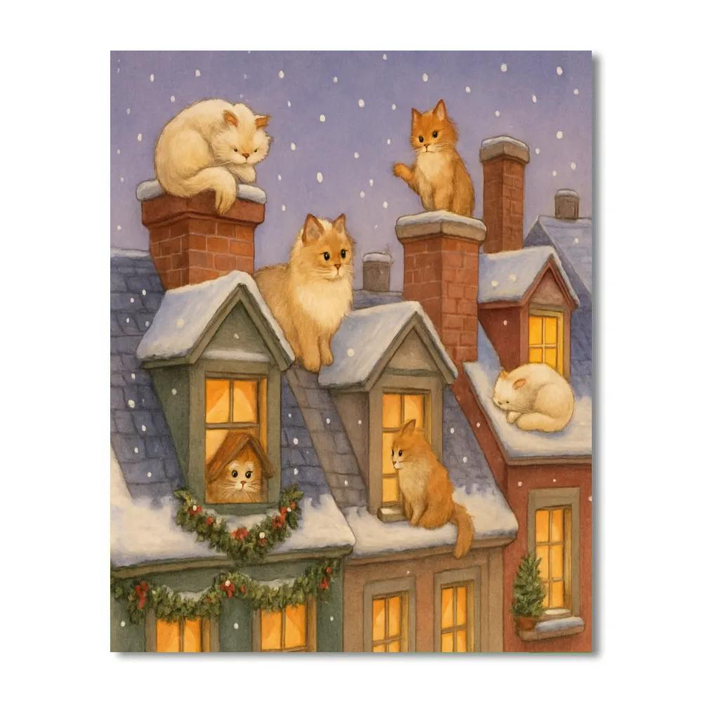 Snowy Rooftop Cat Kingdom Christmas Numbered painting kits