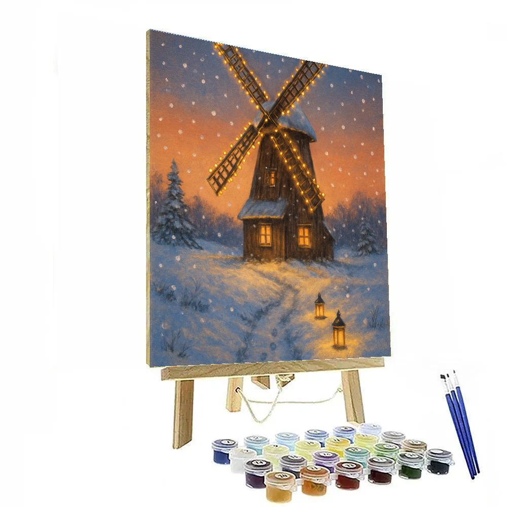 Snow Covered Windmill Christmas Evening paint by number