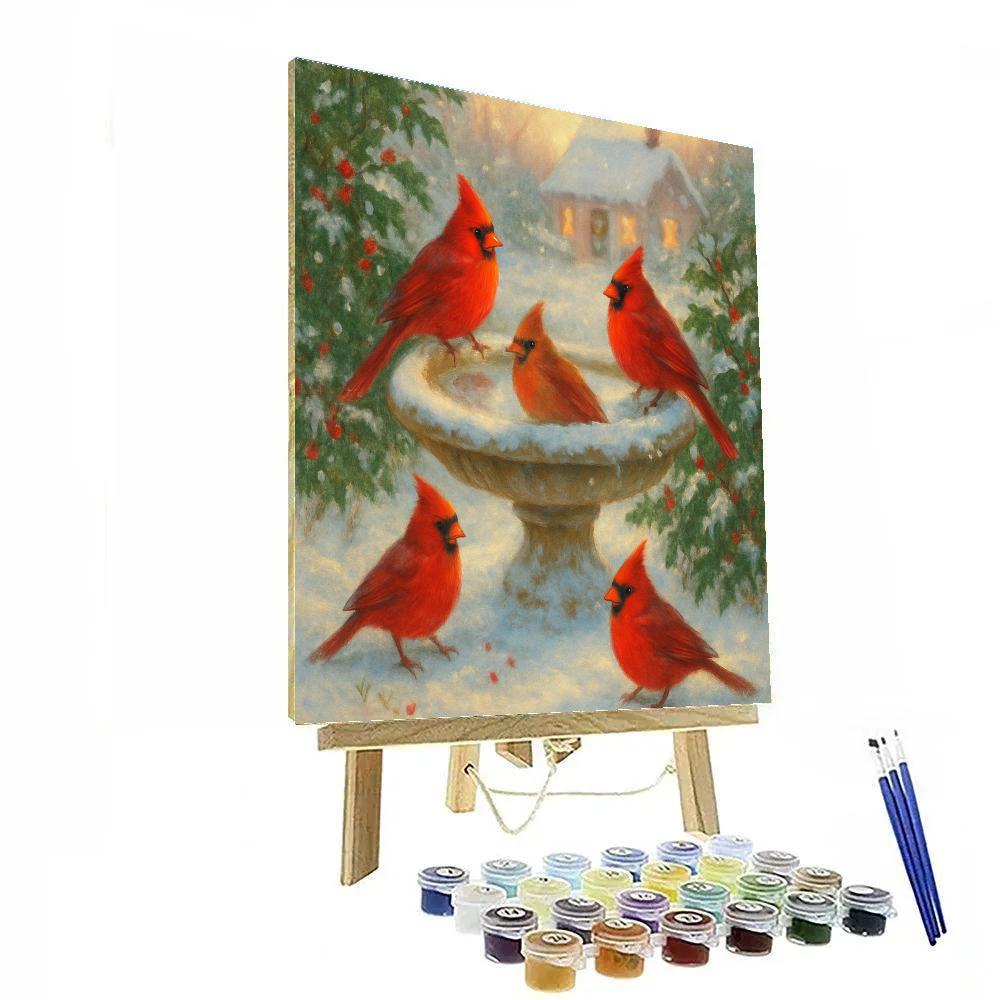 Christmas Cardinals At The Frozen Birdbath painting number kit