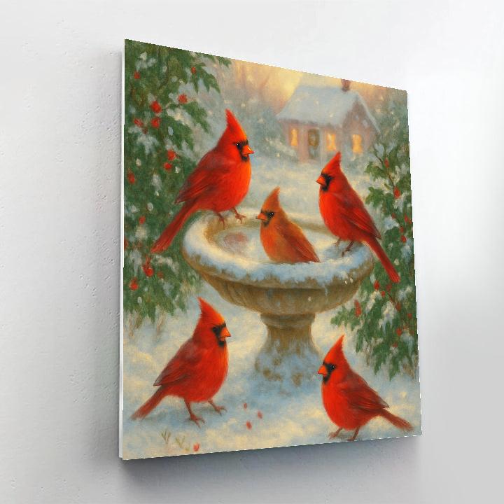 Christmas Cardinals At The Frozen Birdbath painting number kit