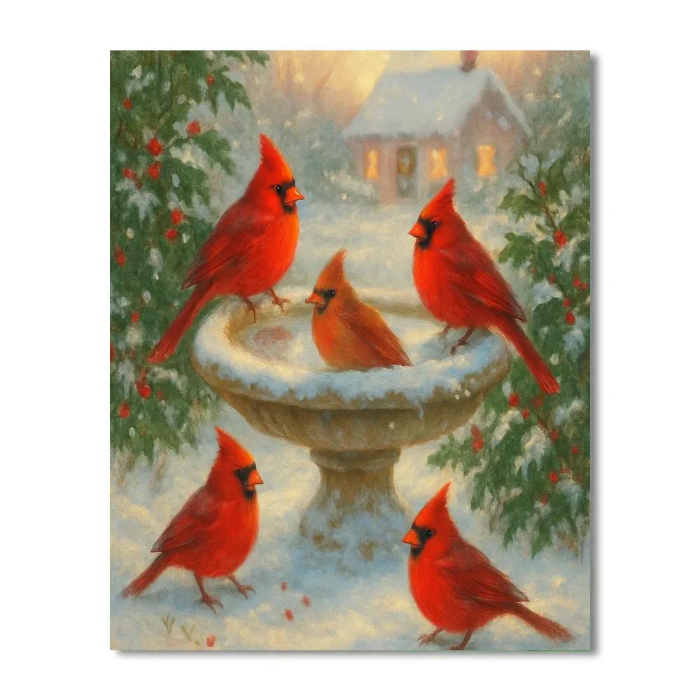 Christmas Cardinals At The Frozen Birdbath painting number kit