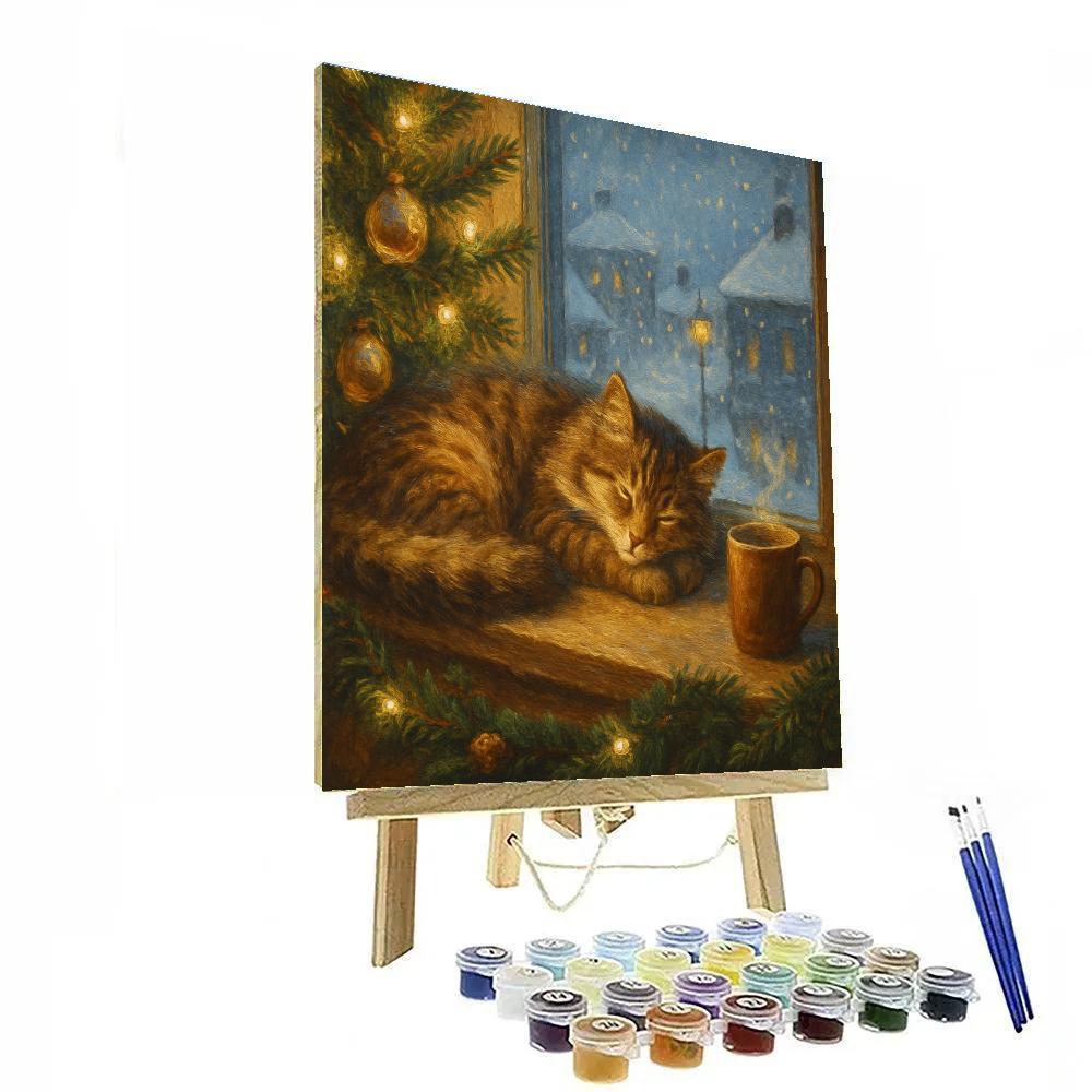Christmas Cat Nap On The Windowsill Numbered painting kits