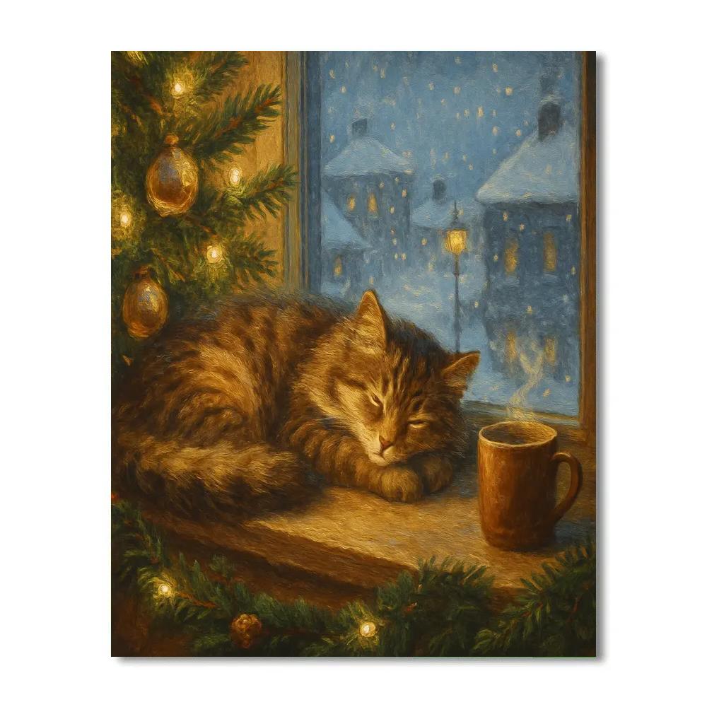 Christmas Cat Nap On The Windowsill Numbered painting kits