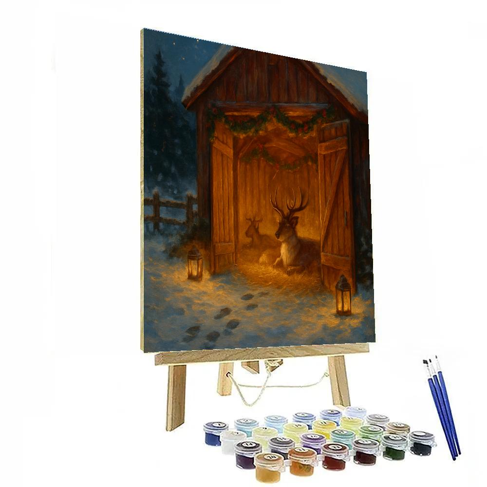 Reindeer Barn At Winter Twilight Paint by numbers kits