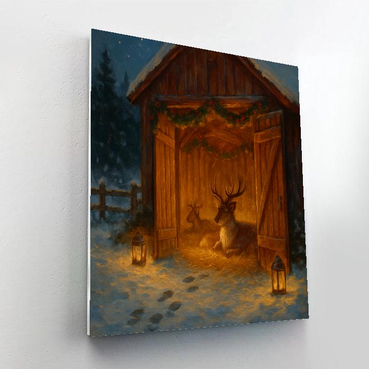 Reindeer Barn At Winter Twilight Paint by numbers kits