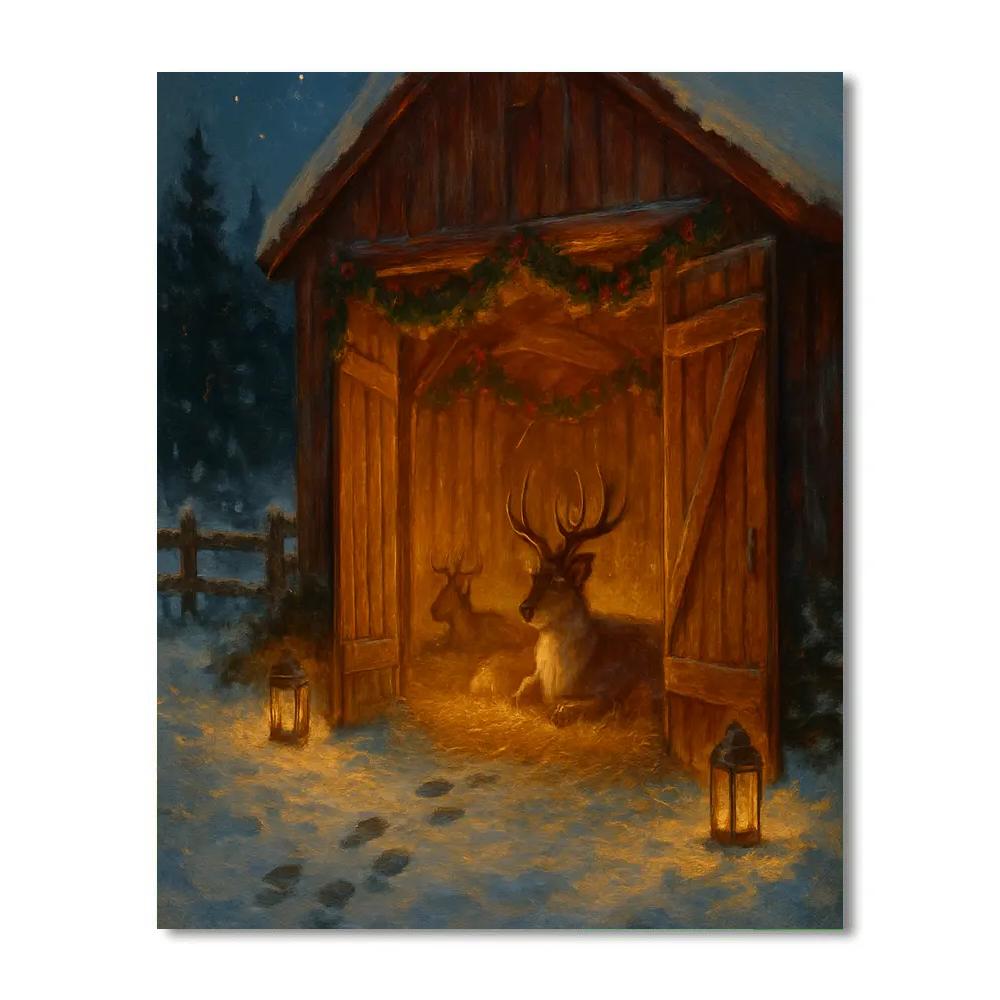 Reindeer Barn At Winter Twilight Paint by numbers kits