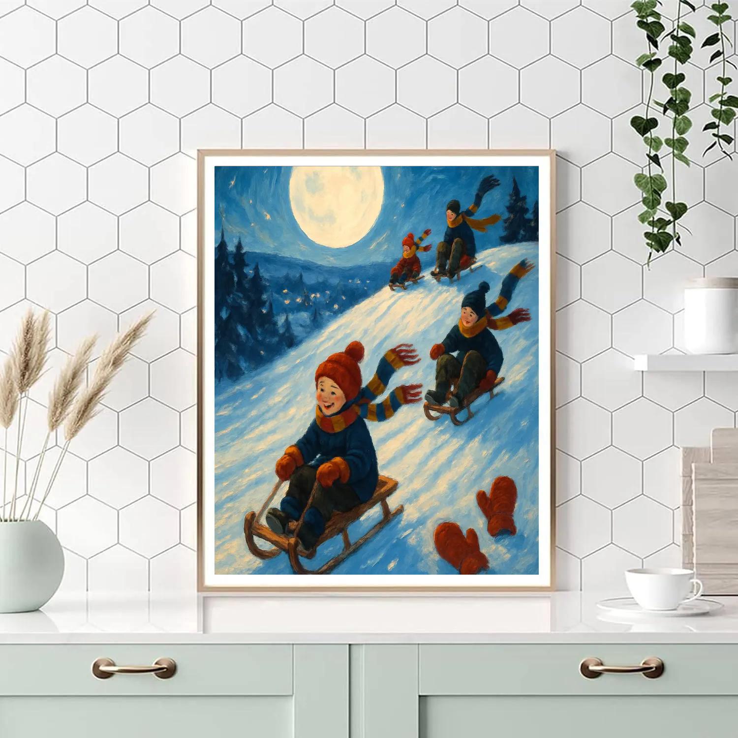 Christmas Moonlit Sledding Ridge paint by color
