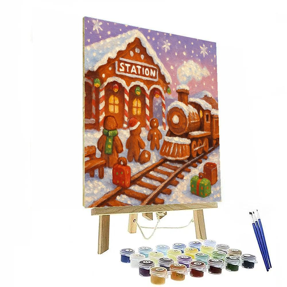 Gingerbread Train Station At First Snow paint by color