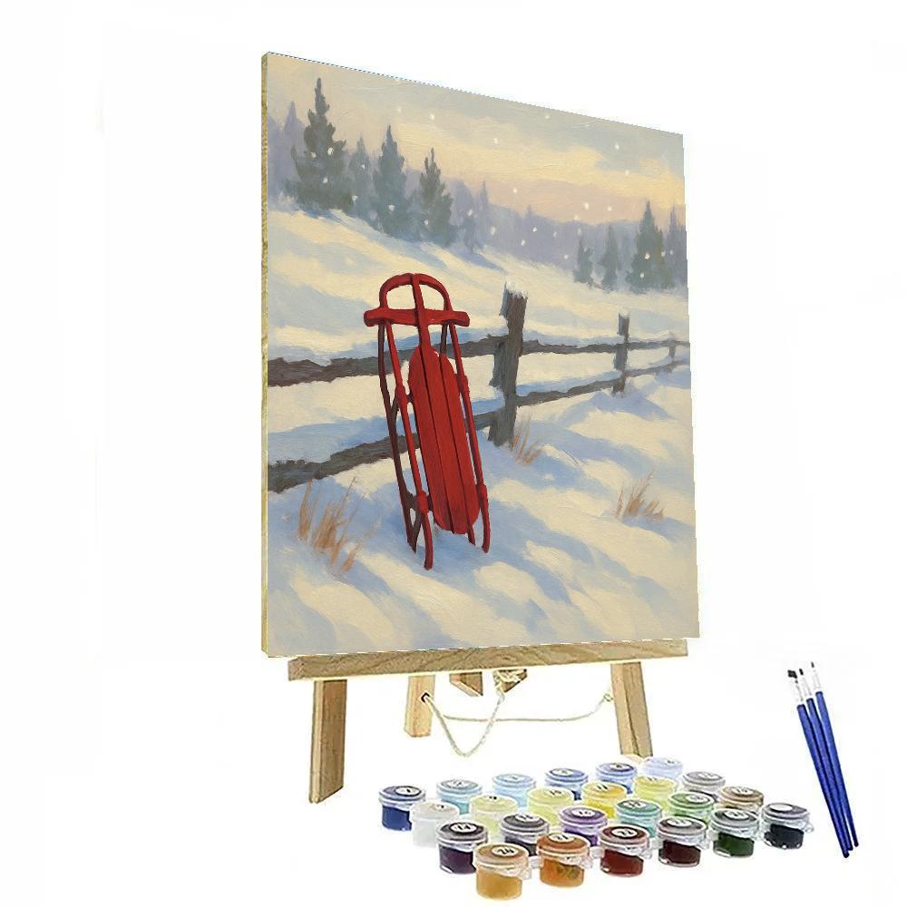 Crimson Sled At The Meadow Fence paint by numbers