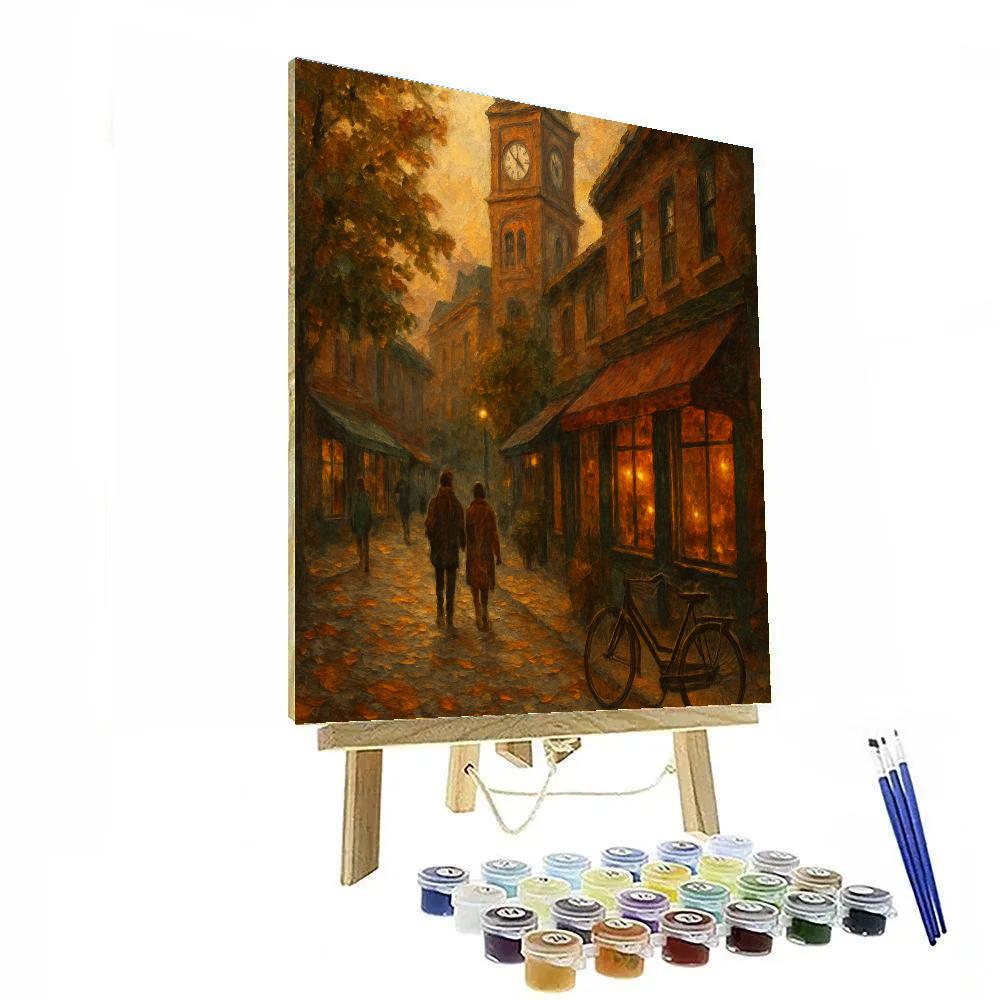 Autumn Corner Cafe Under A Clock Tower paint by number