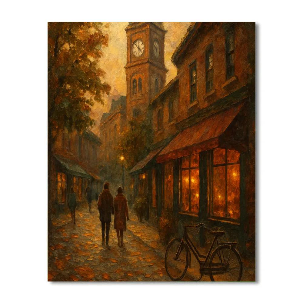Autumn Corner Cafe Under A Clock Tower paint by number
