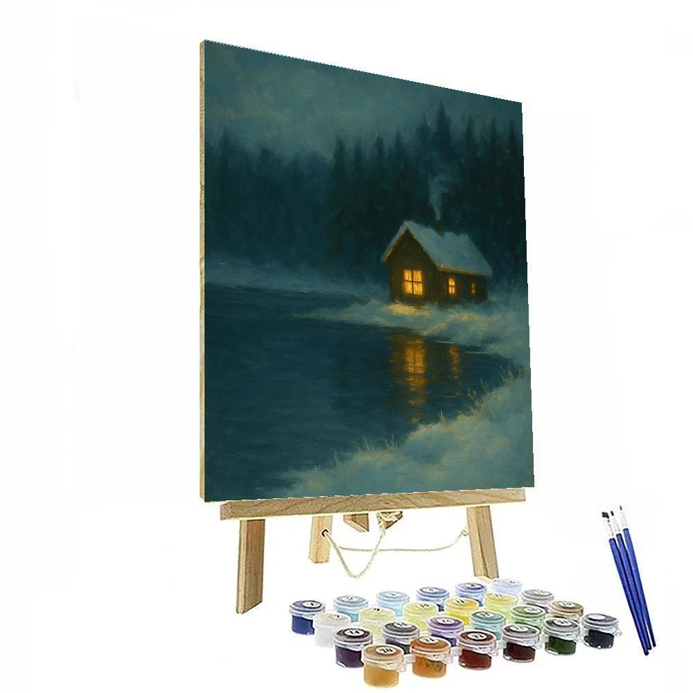 Cabin Window Glow On Snowy Shore Painting by numbers kit
