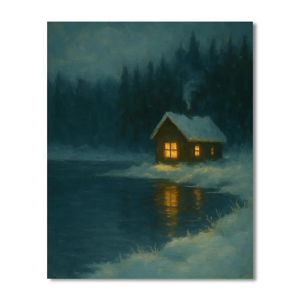 Cabin Window Glow On Snowy Shore Painting by numbers kit