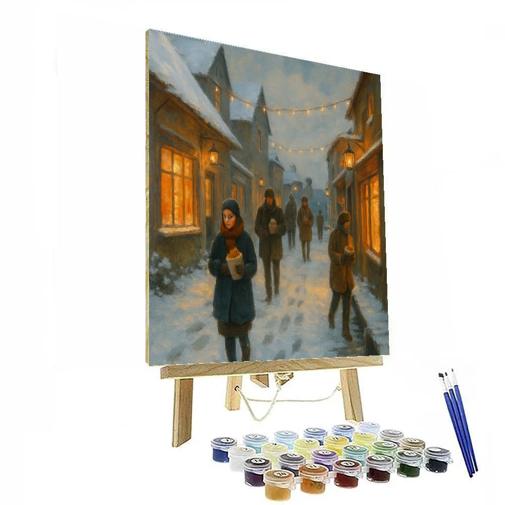 Snowy Harbor Lane With Warm Shop Windows painting number kit