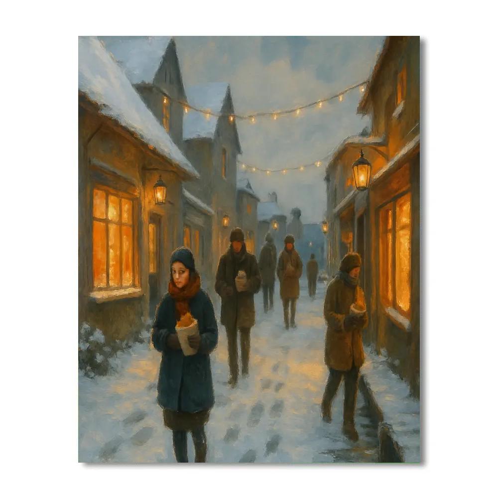 Snowy Harbor Lane With Warm Shop Windows painting number kit