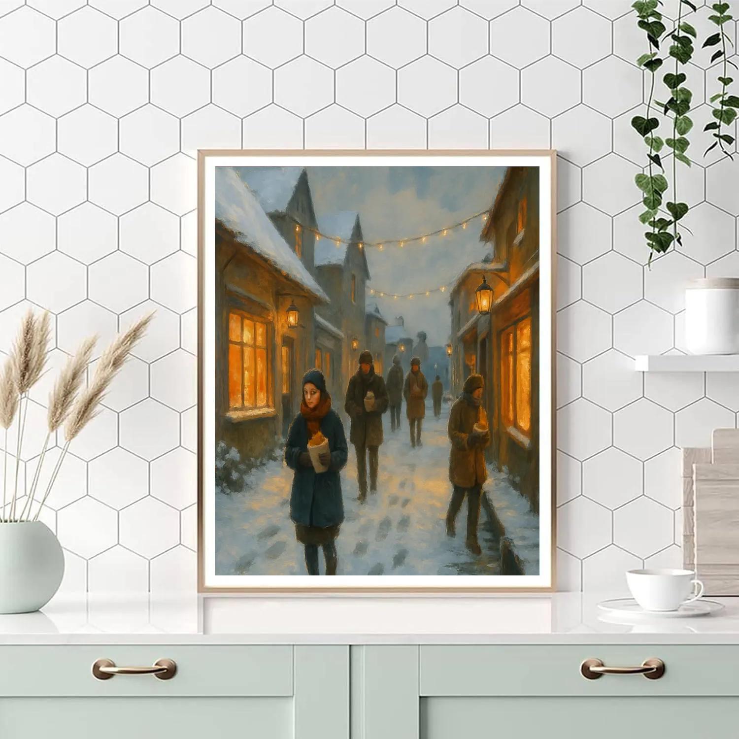 Snowy Harbor Lane With Warm Shop Windows painting number kit