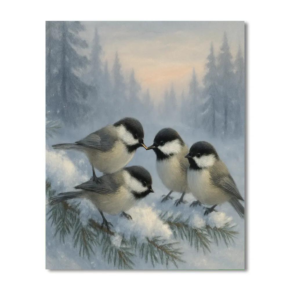 Snowy Pine Boughs And The Gentle Chickadees painting number kit