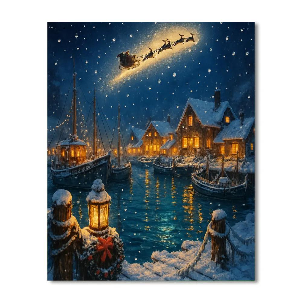 Midnight Sleigh Over Frosted Harbor Number painting