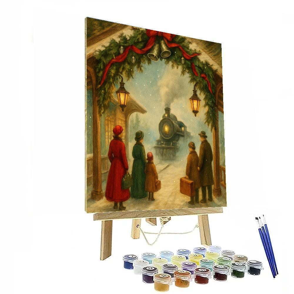 Snowy Train Station With Evergreen Archway paint by number