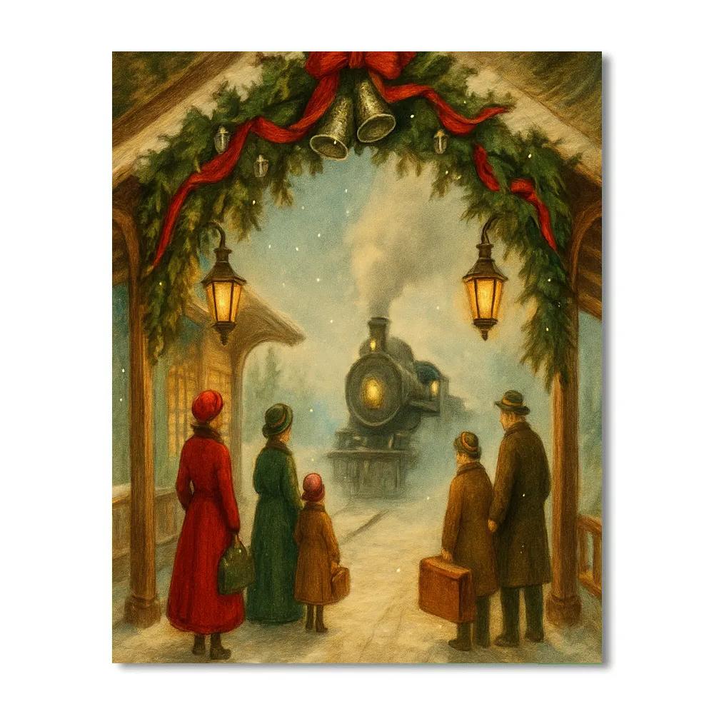 Snowy Train Station With Evergreen Archway paint by number