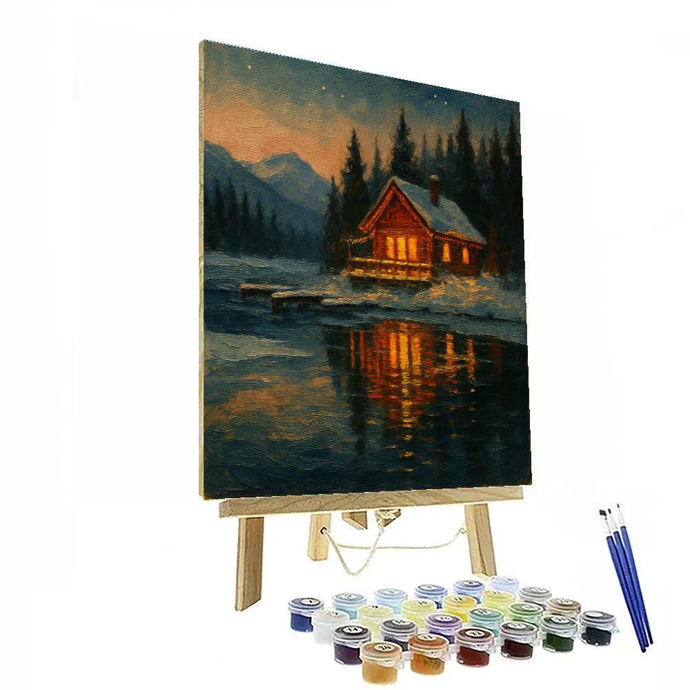 Christmas Cabin Reflected In Frozen Lake Numbered painting kits