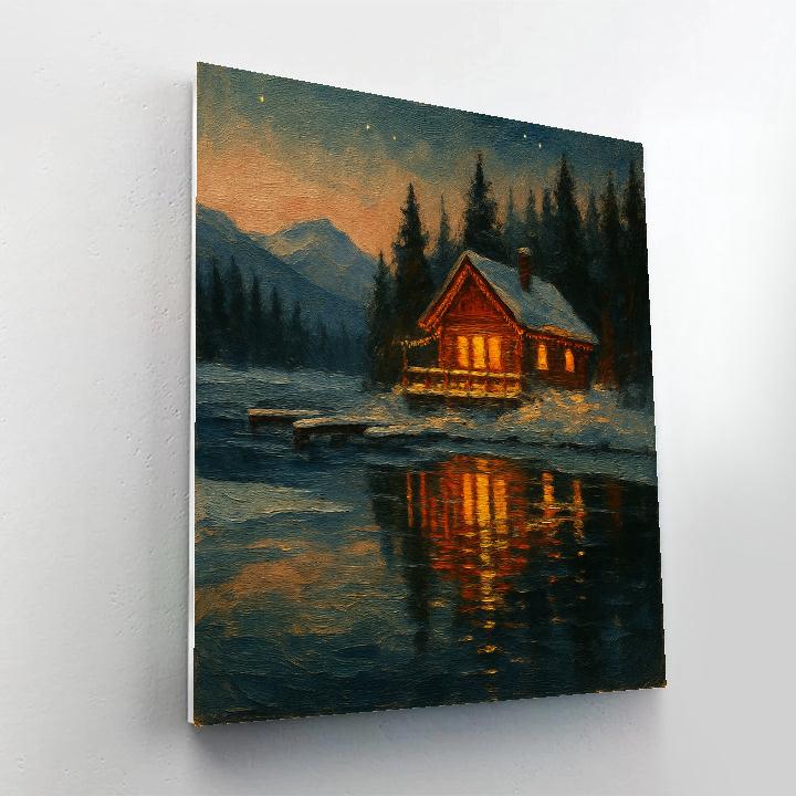 Christmas Cabin Reflected In Frozen Lake Numbered painting kits