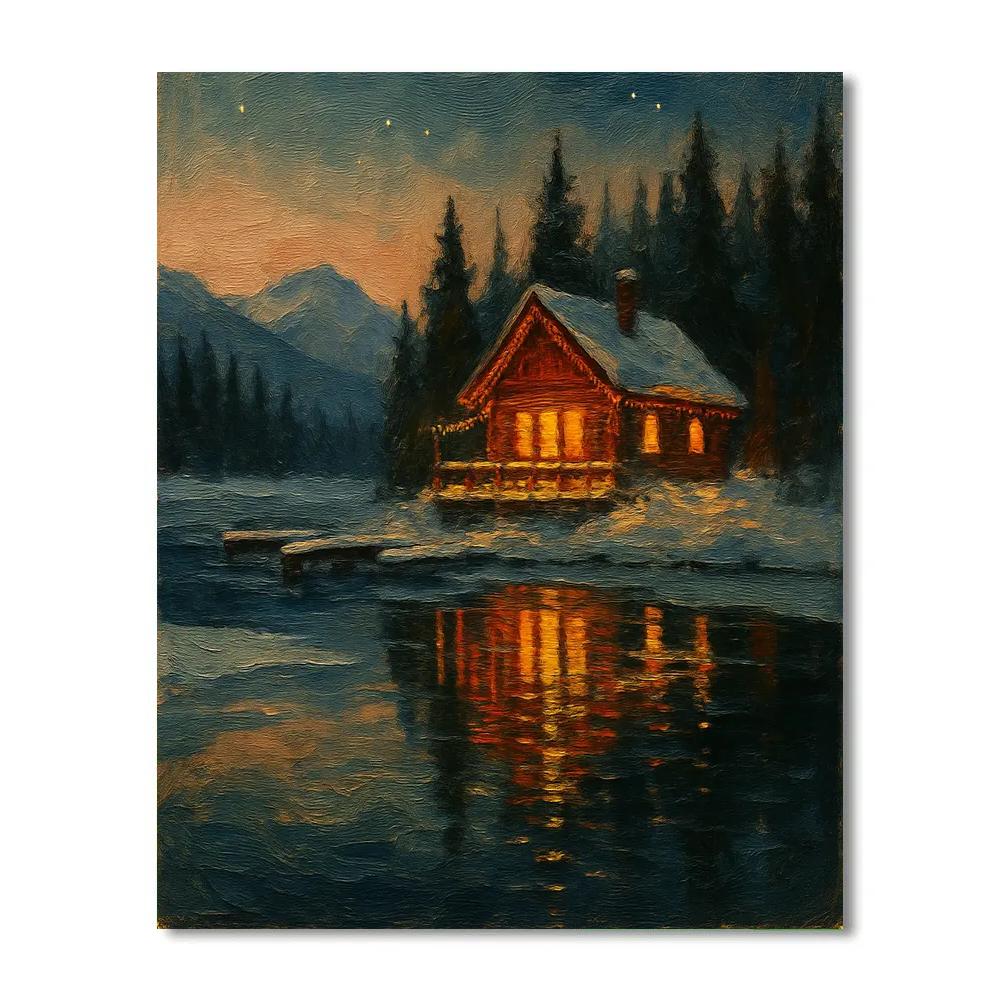 Christmas Cabin Reflected In Frozen Lake Numbered painting kits